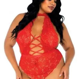 Teddy de Encaje Floral sin Espalda + Thong Abierto – Plus Size (1X–2X) – Rojo | Leg Avenue