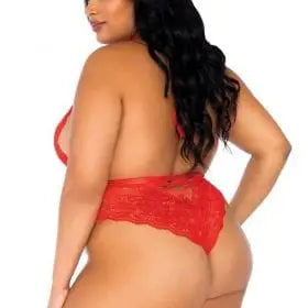Teddy de Encaje Floral sin Espalda + Thong Abierto – Plus Size (1X–2X) – Rojo | Leg Avenue
